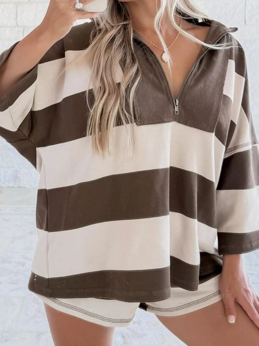 Striped Quarter-Zip Long Sleeve Sweatshirt Simply Love