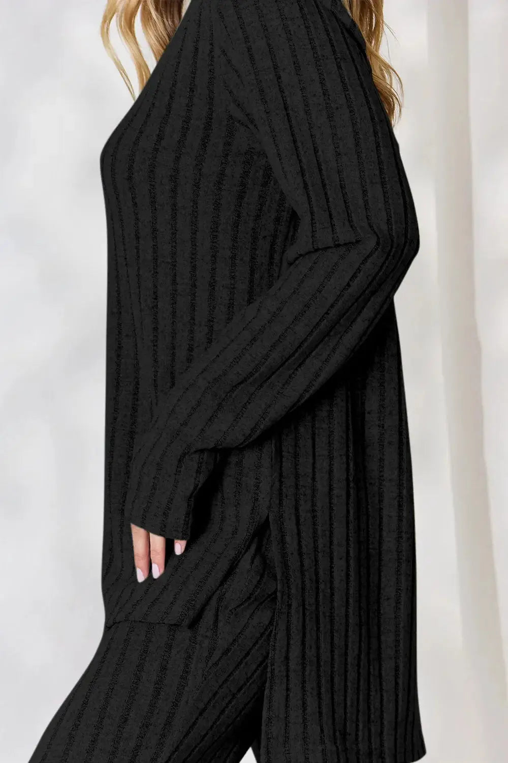 Basic Bae Full Size Ribbed High-Low Top and Wide Leg Pants Set - Love Salve