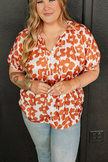 Floral Delight: Plus Size Orange V Neck Blouse with Drawstring Detail