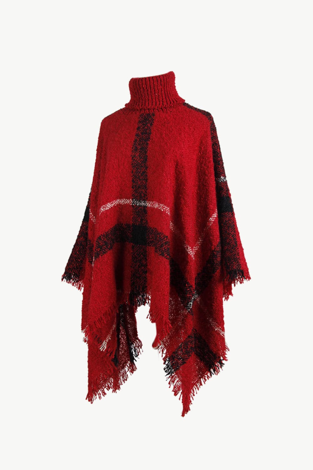 Plaid Turtleneck Raw Hem Poncho.