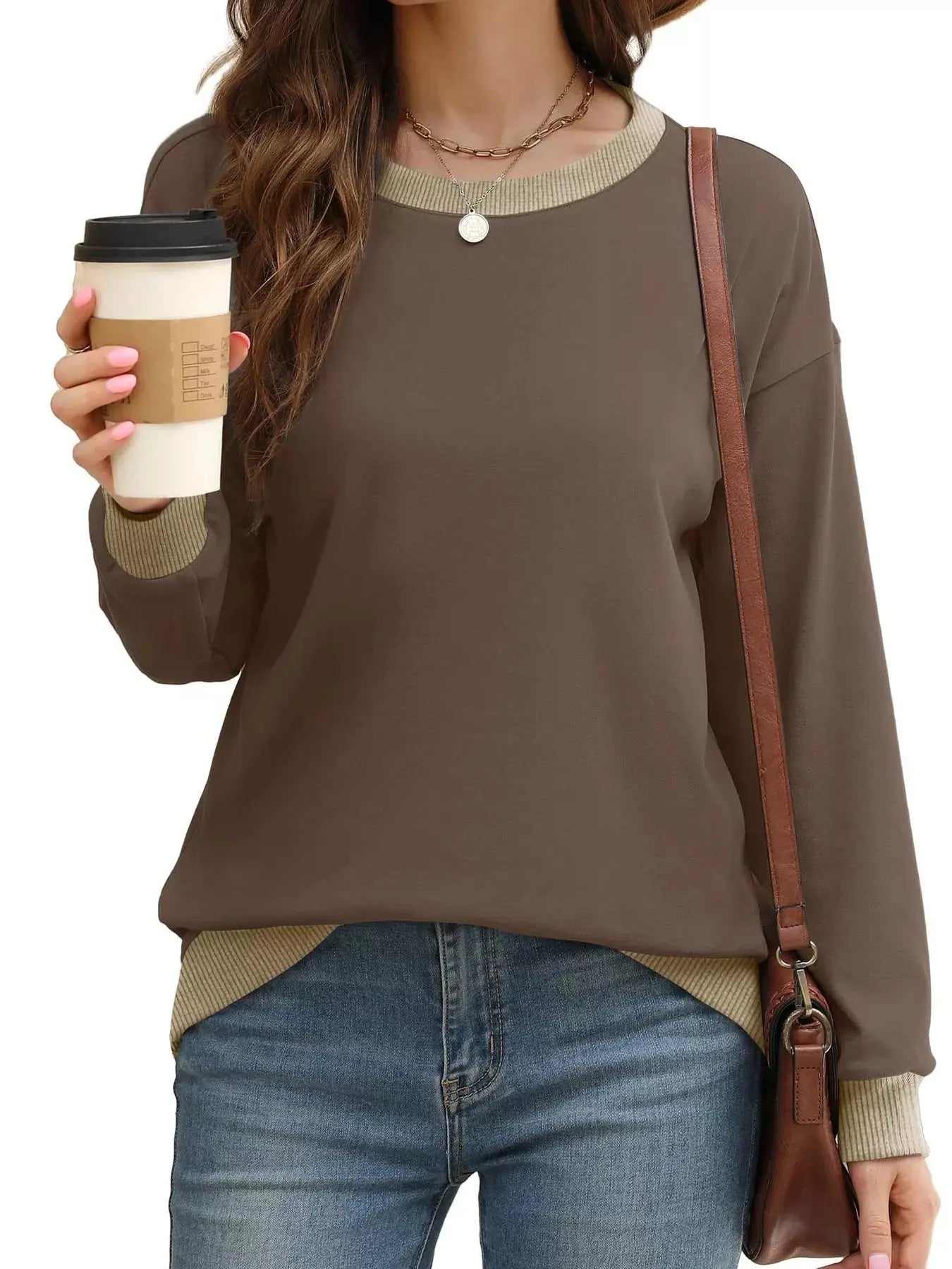 Contrast Trim Crew Neck Casual Sweatshirt Simply Love