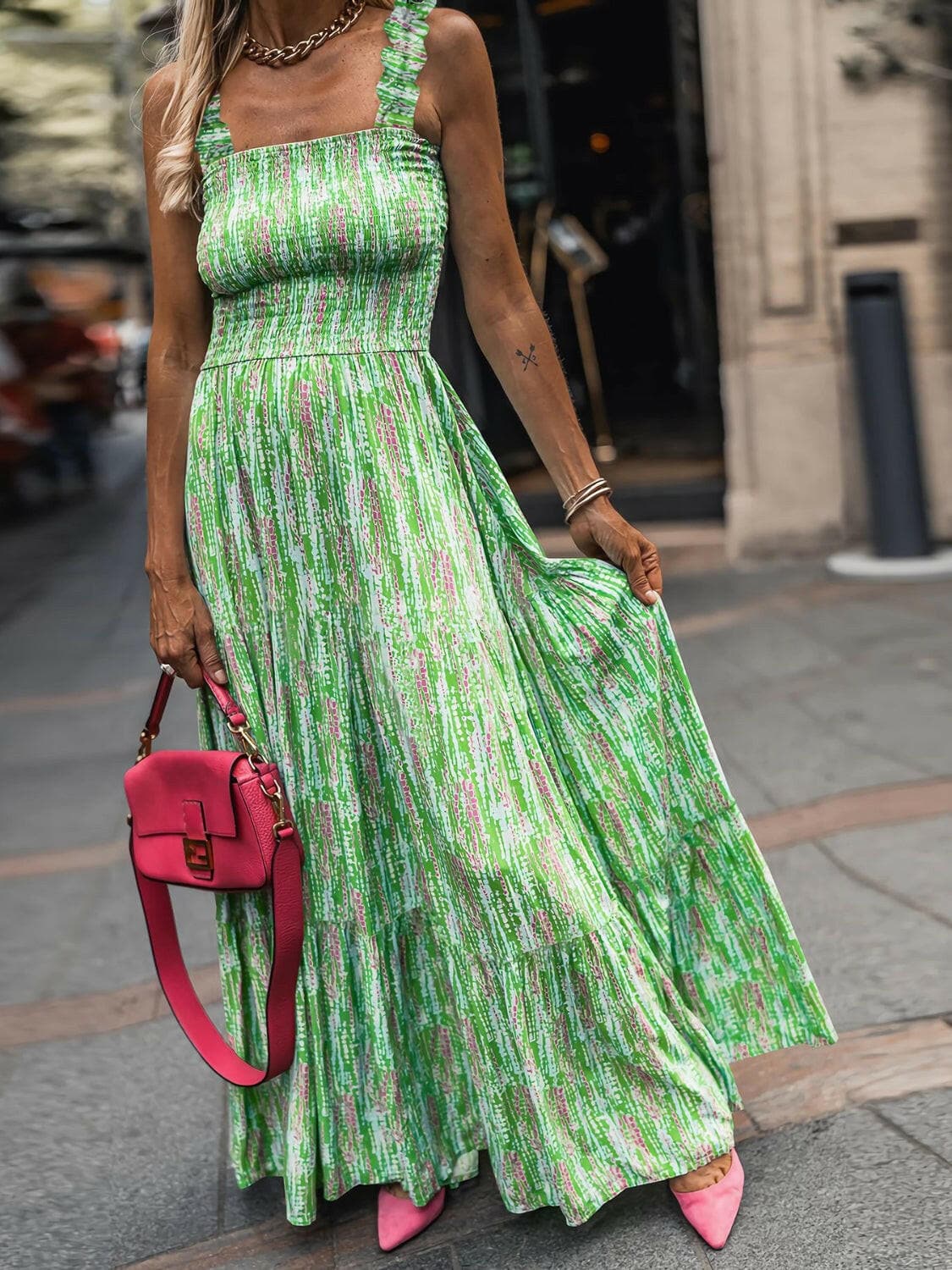 Smocked Printed Square Neck Sleeveless Dress.