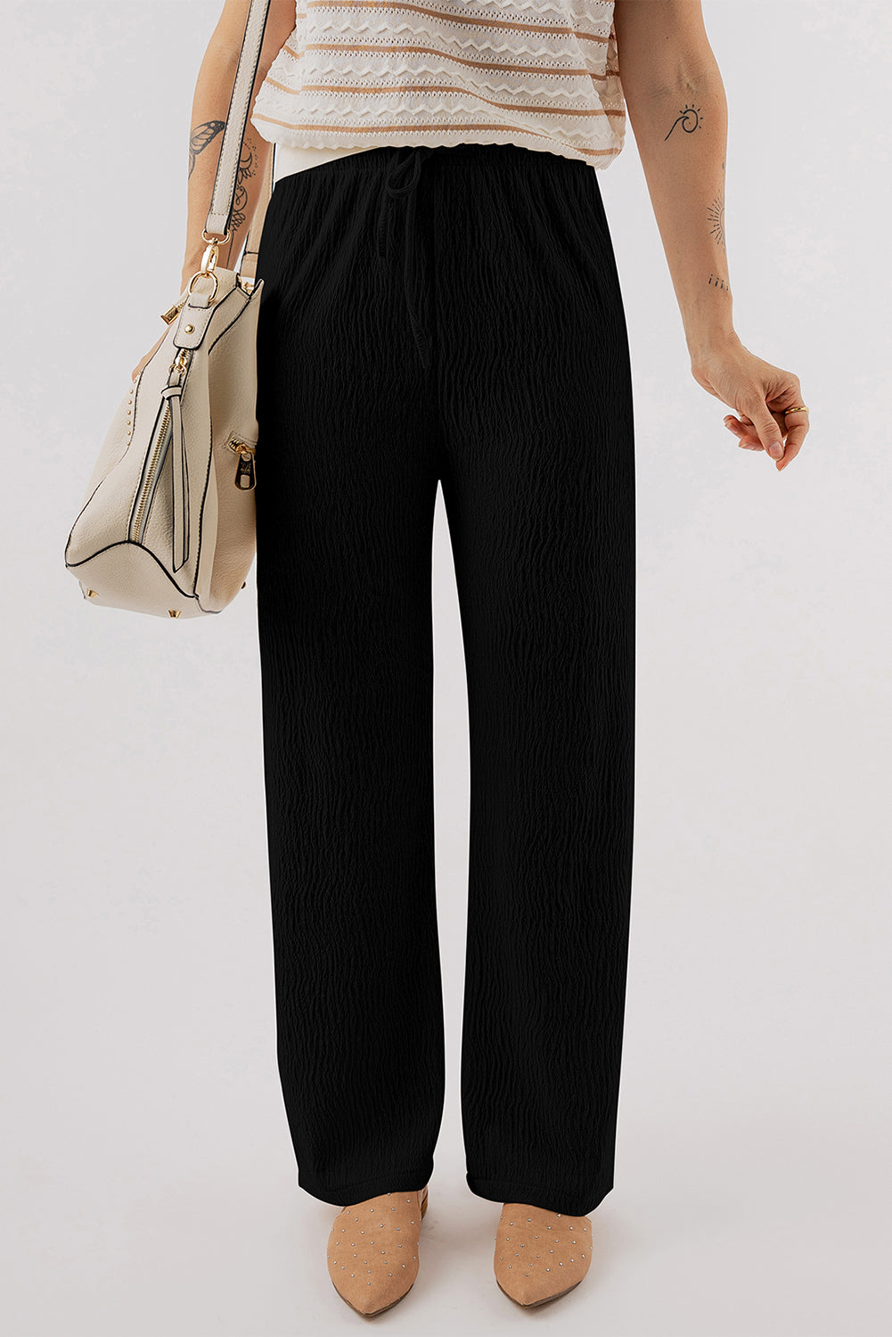 Chic black textured drawstring lounge pants