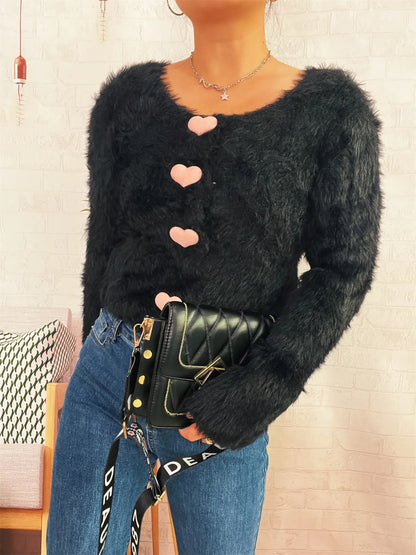 Fuzzy Heart Shape Button-Up Cardigan