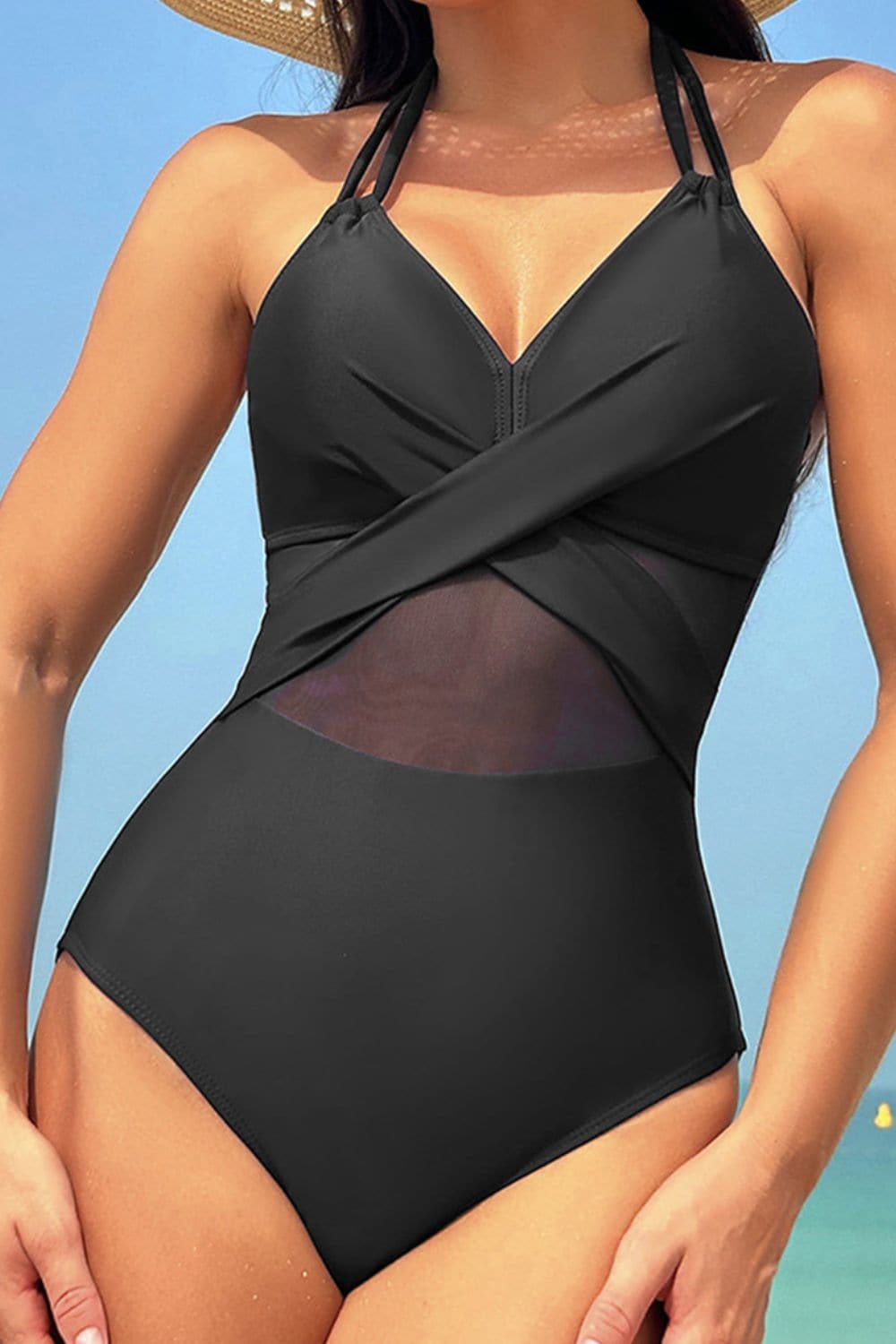 Crisscross Halter Neck One-Piece Swimwear.