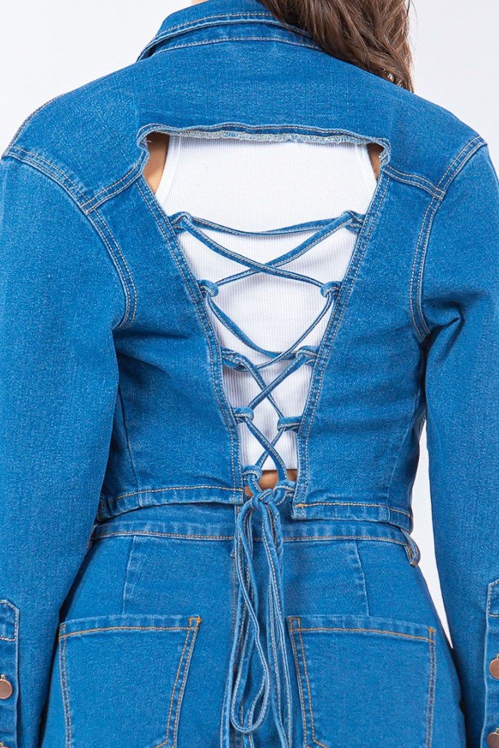 Cropped denim jacket with laced back detail