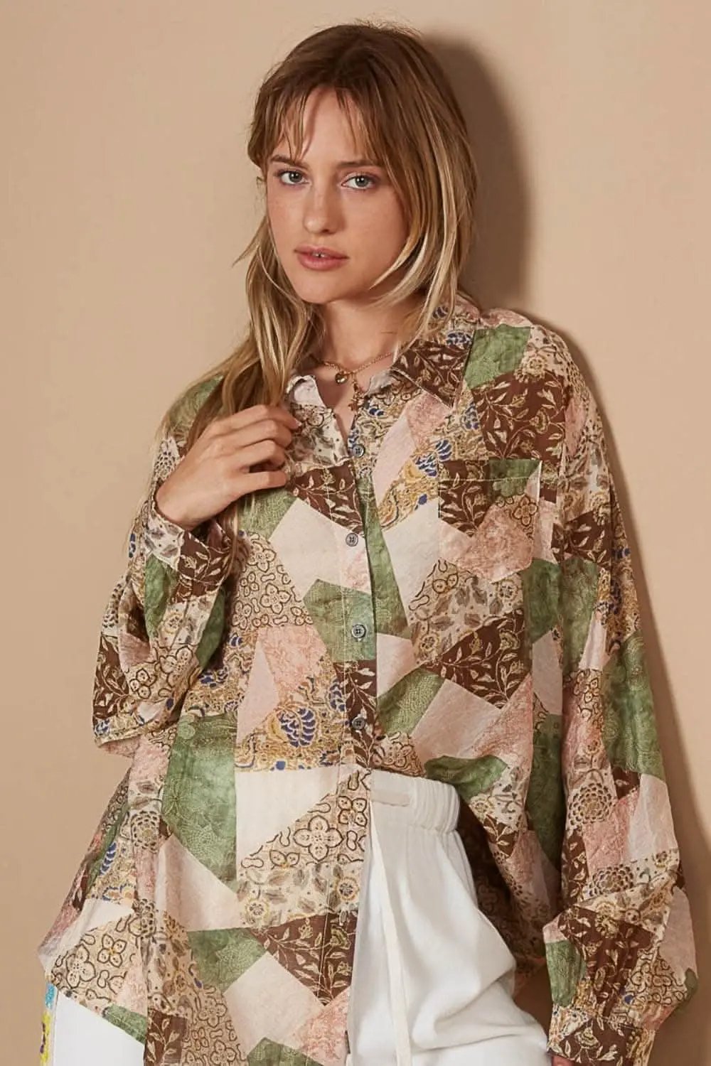 POL Button-Down Long Sleeve Printed Shirt - Love Salve 