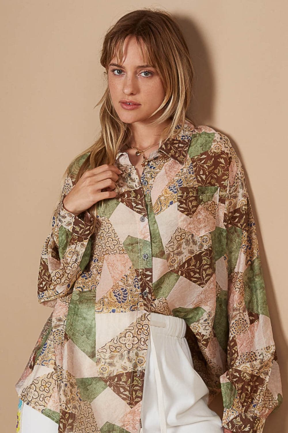 POL Button-Down Long Sleeve Printed Shirt.