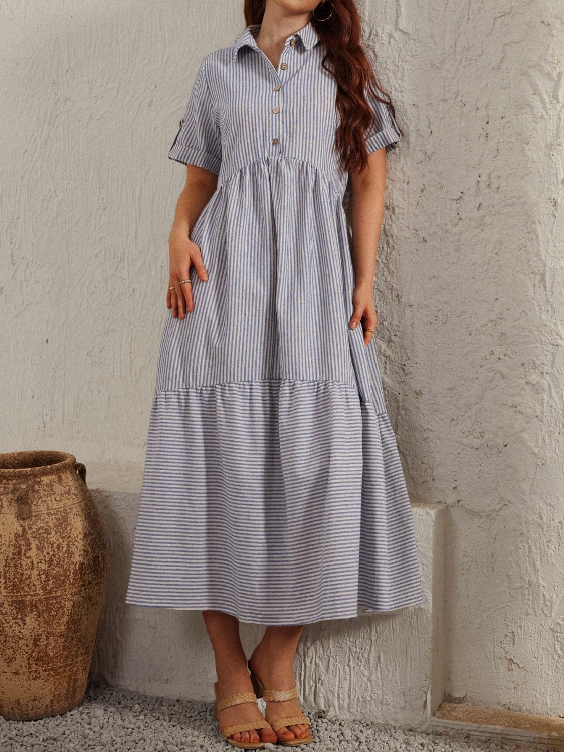 Striped Collared Neck Short Sleeve Dress.