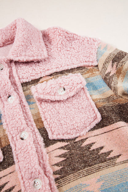 Cozy pink Aztec print sherpa coat with flap pockets