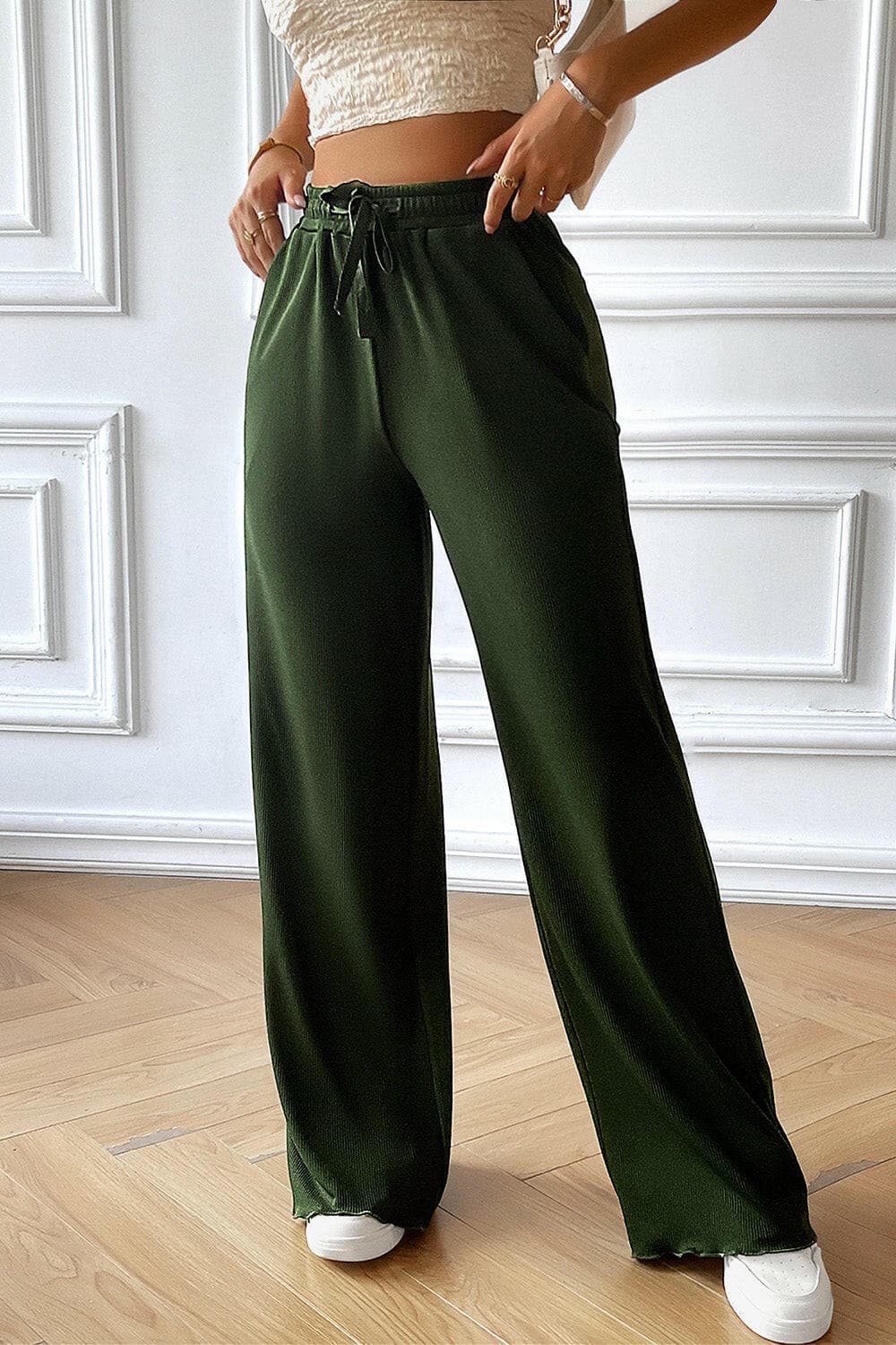 Drawstring Wide Leg Pants with Pocketed.