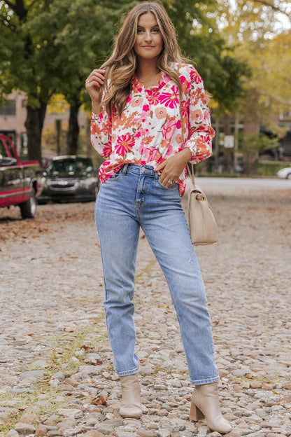 Floral V-Neck Frill Long Sleeve BlouseFloral V-Neck Frill Long Sleeve Blouse
 Indulge in elegance with our Floral V-Neck Frill Long Sleeve Blouse, a versatile piece that seamlessly combines sophisticatioLove Salve -Neck Frill Long Sleeve BlouseBlouses