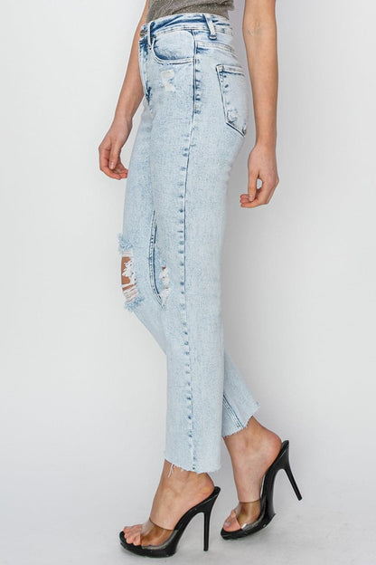 RISEN High Rise Distressed Ankle Jeans.