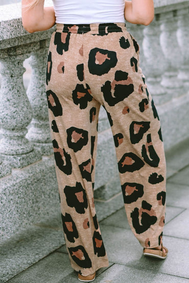 Leopard Drawstring Wide Leg Pants with Pockets.