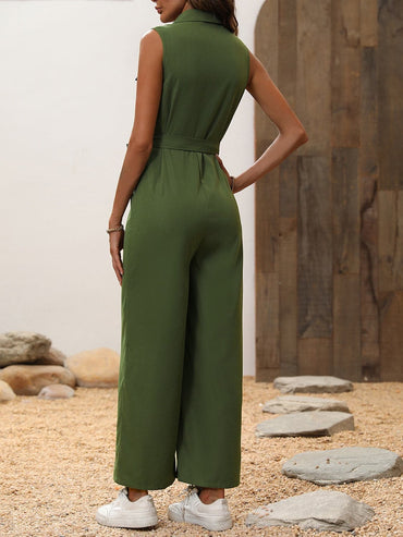 Tie Waist Sleeveless Wide Leg Jumpsuit.