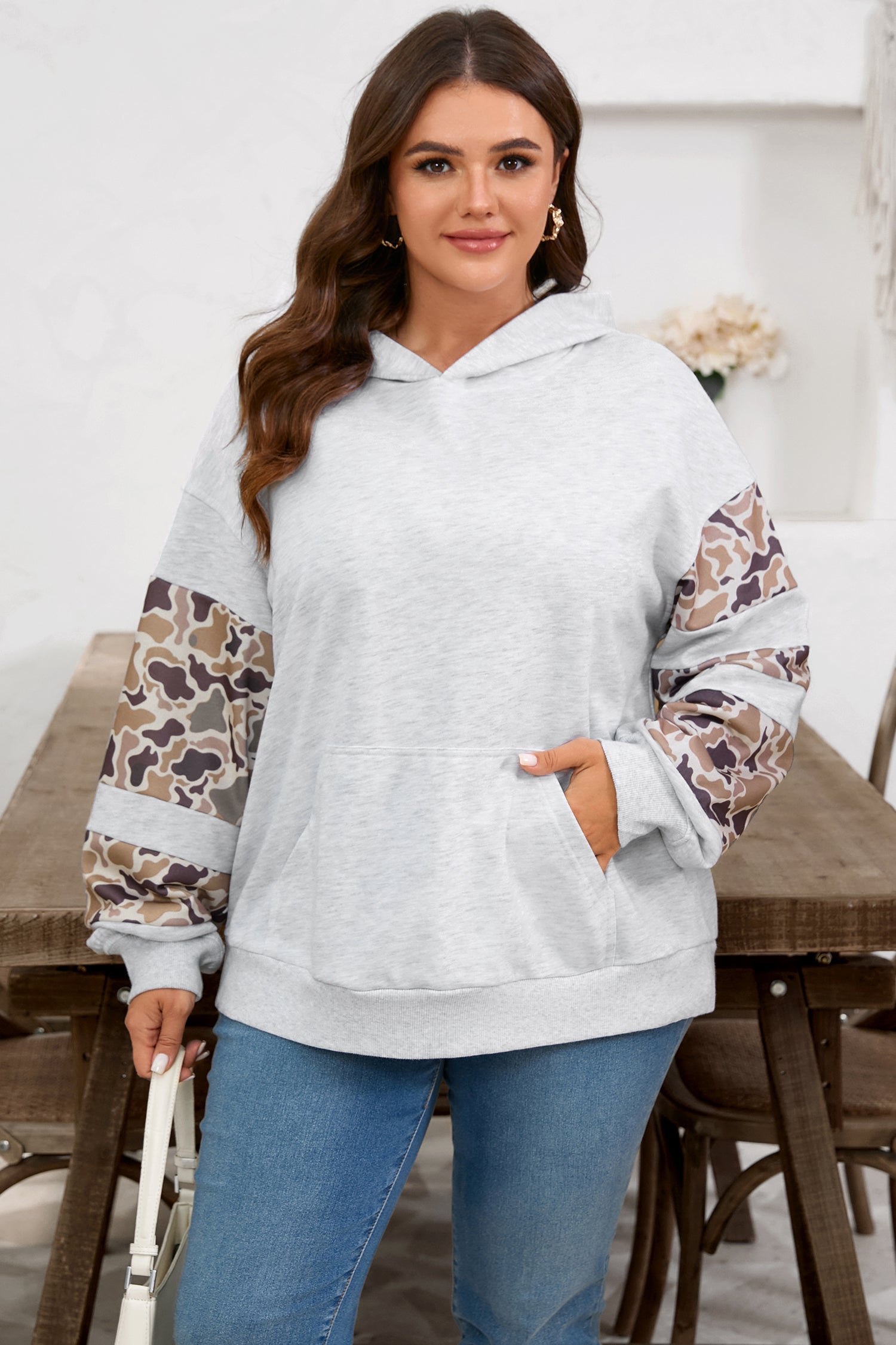 Dear-Lover Grey Camo Patchwork Women's Plus Size Hoodie Casual Fall Style Dear-Lover Dropshipping