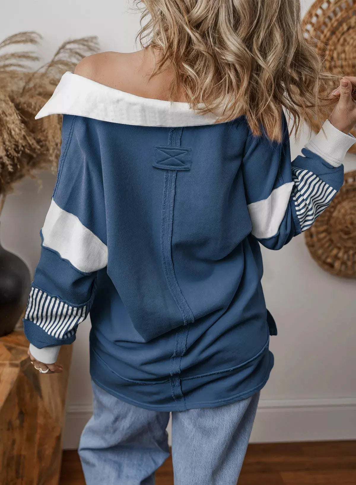 Color Block Striped Johnny Collar Sweatshirt Simply Love