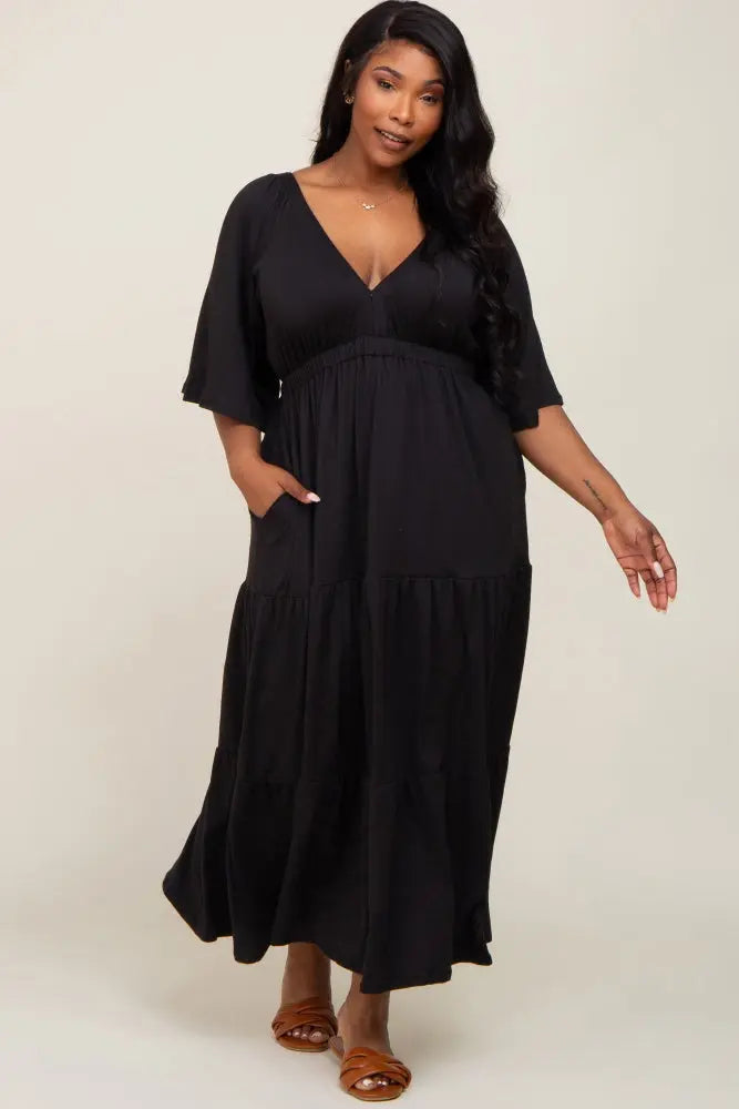 Black Deep V-Neck Tiered Maternity Plus Maxi Dress PinkBlush