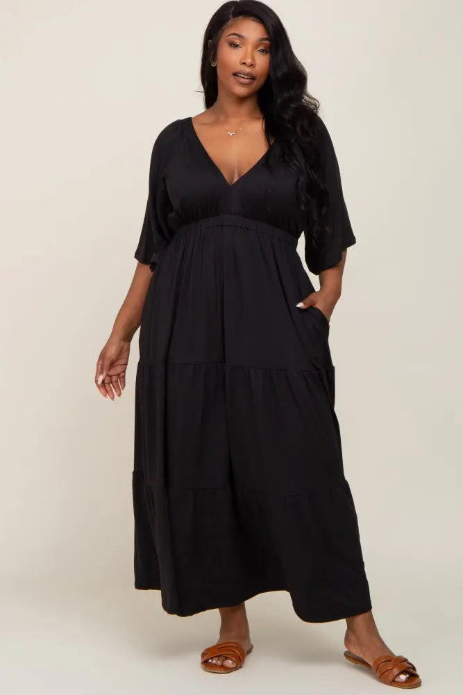 Black Deep V-Neck Tiered Plus Maxi Dress PinkBlush
