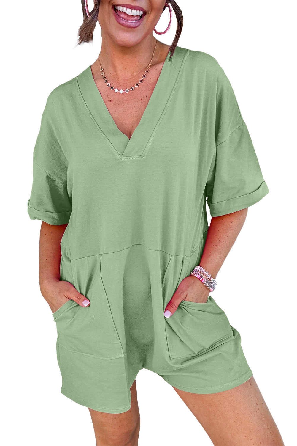 Grass Green Loose Half Sleeve V Neck Knit Romper for Women