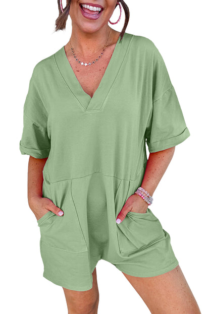 Grass Green Loose Half Sleeve V Neck Knit Romper for Women