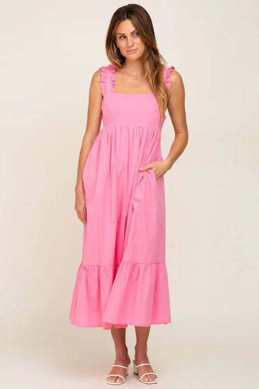 Pink Ruffle Accent Back Tie Midi Dress PinkBlush