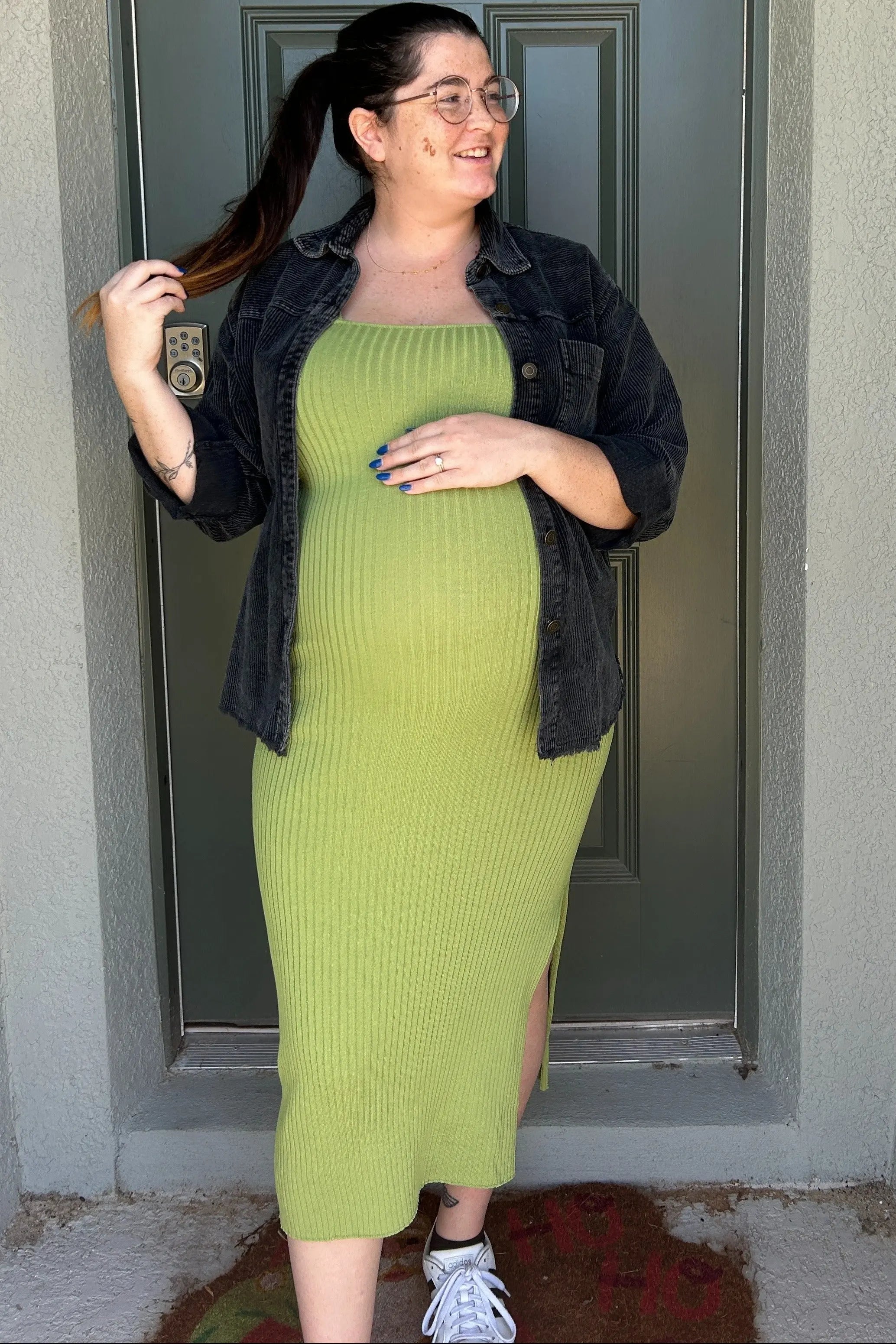 Light Olive Ribbed Knit Side Slit Maternity Midi Dress PinkBlush