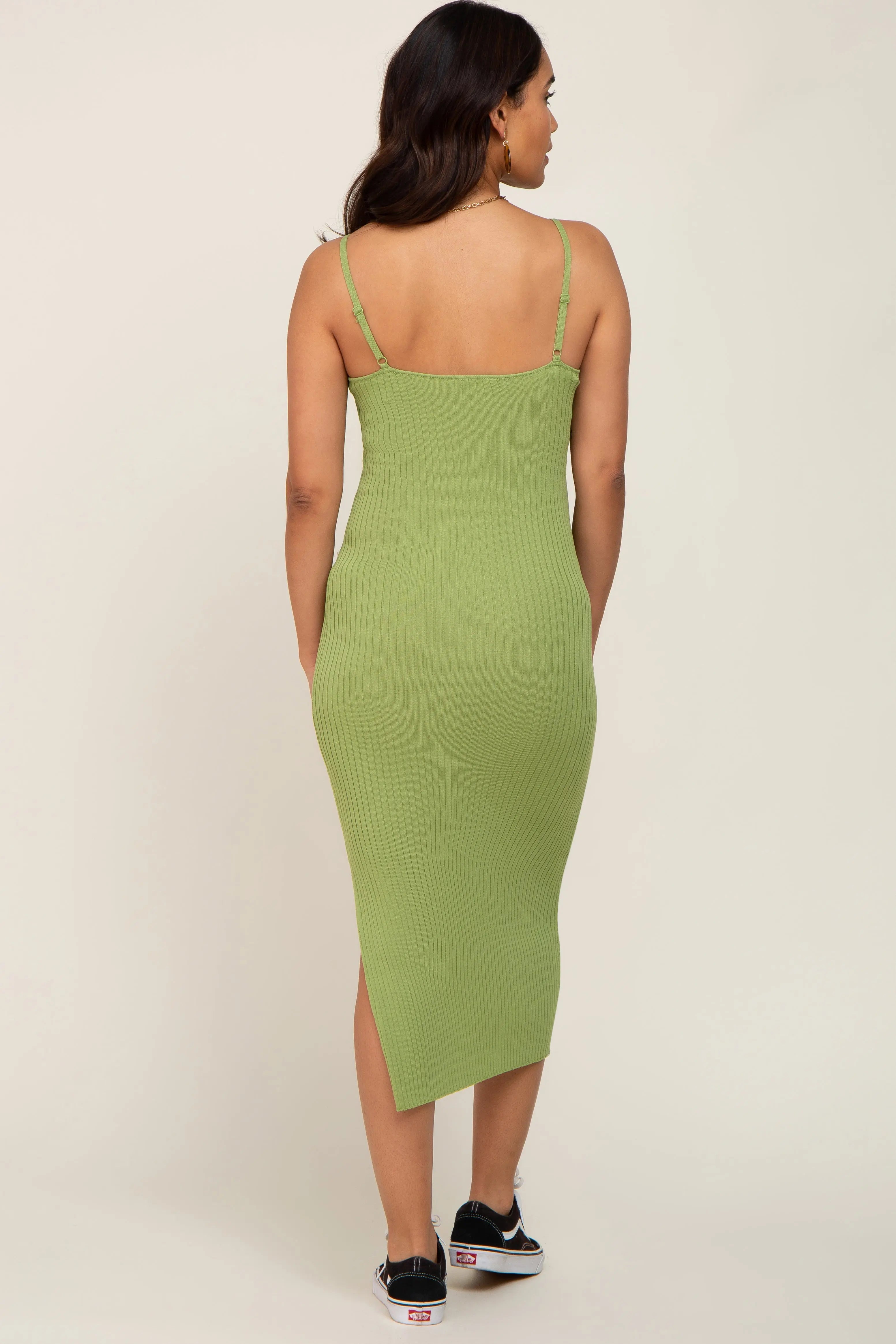 Light Olive Ribbed Knit Side Slit Maternity Midi Dress PinkBlush