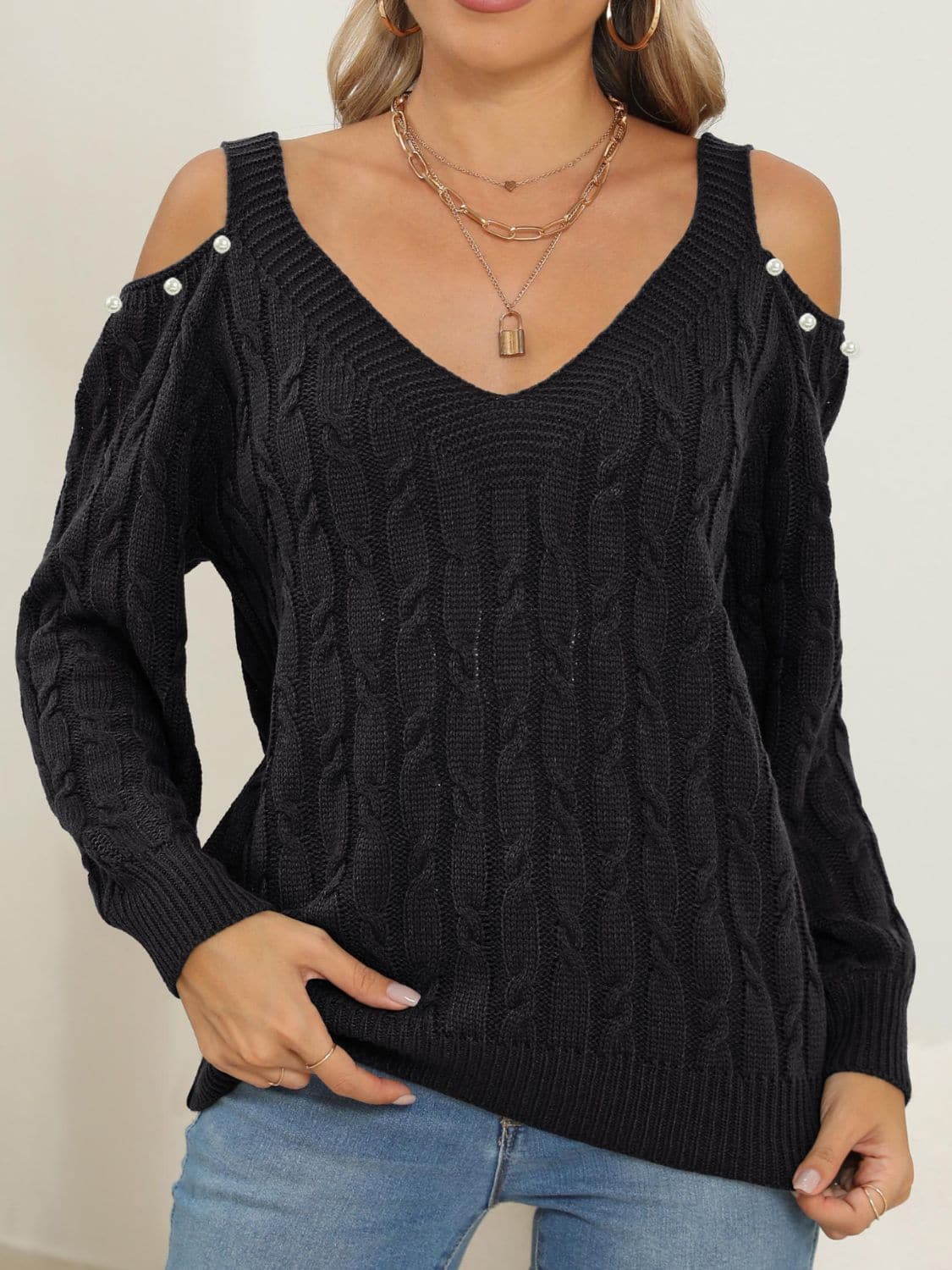 Chic cold shoulder cable-knit sweater