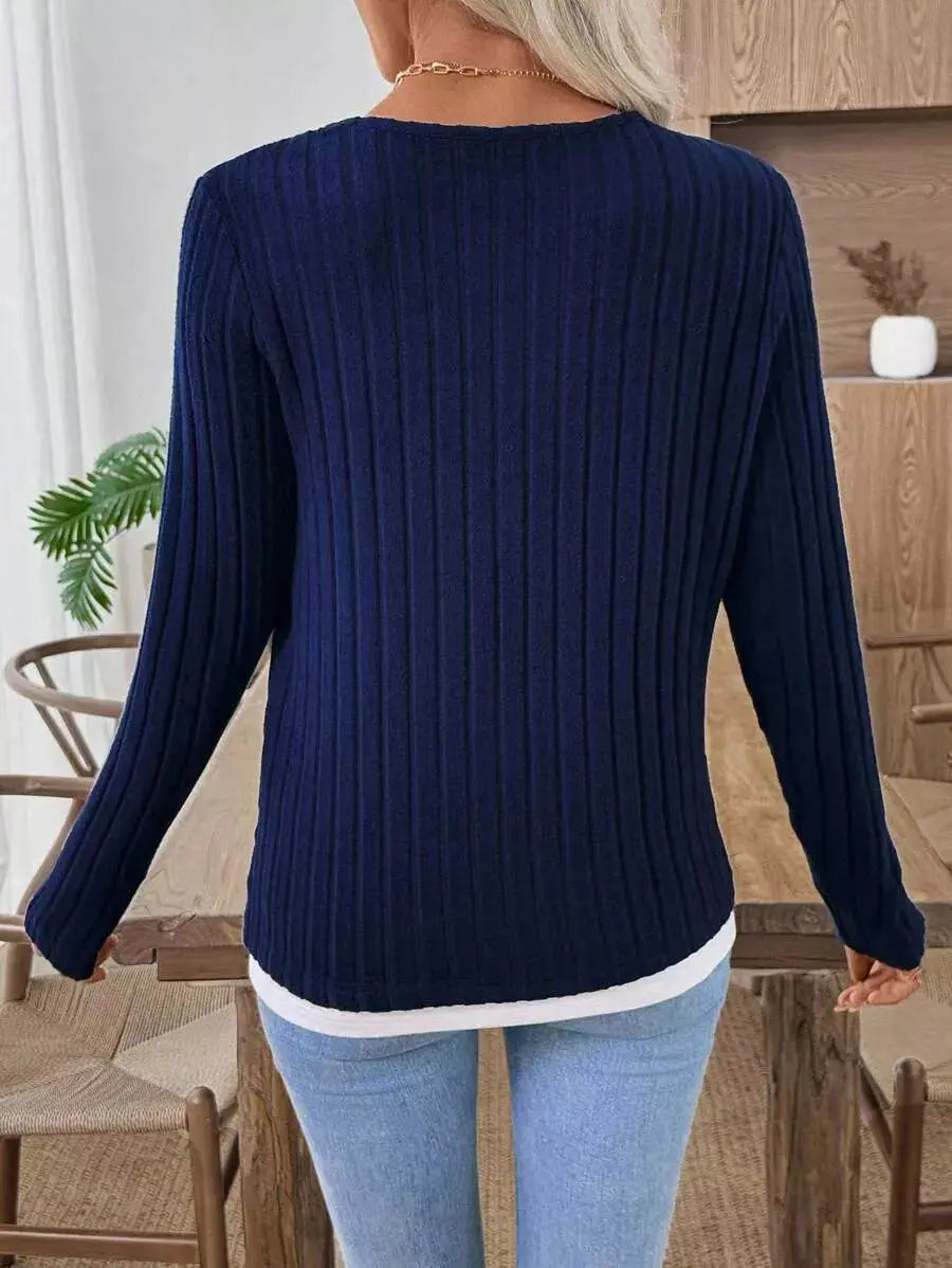 Ribbed Knit Long Sleeve Fake Two Piece T Shirt With Decorative Buttons Simply Love