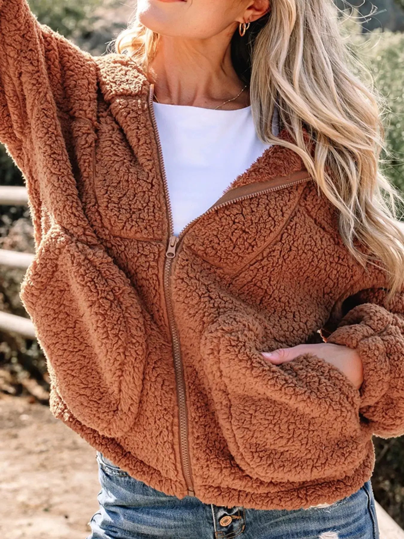 Zip Up Hooded Sherpa Jacket Simply Love