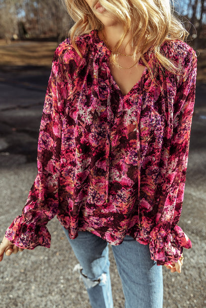 Chic rose red floral ruffled blouse with drawstring detail