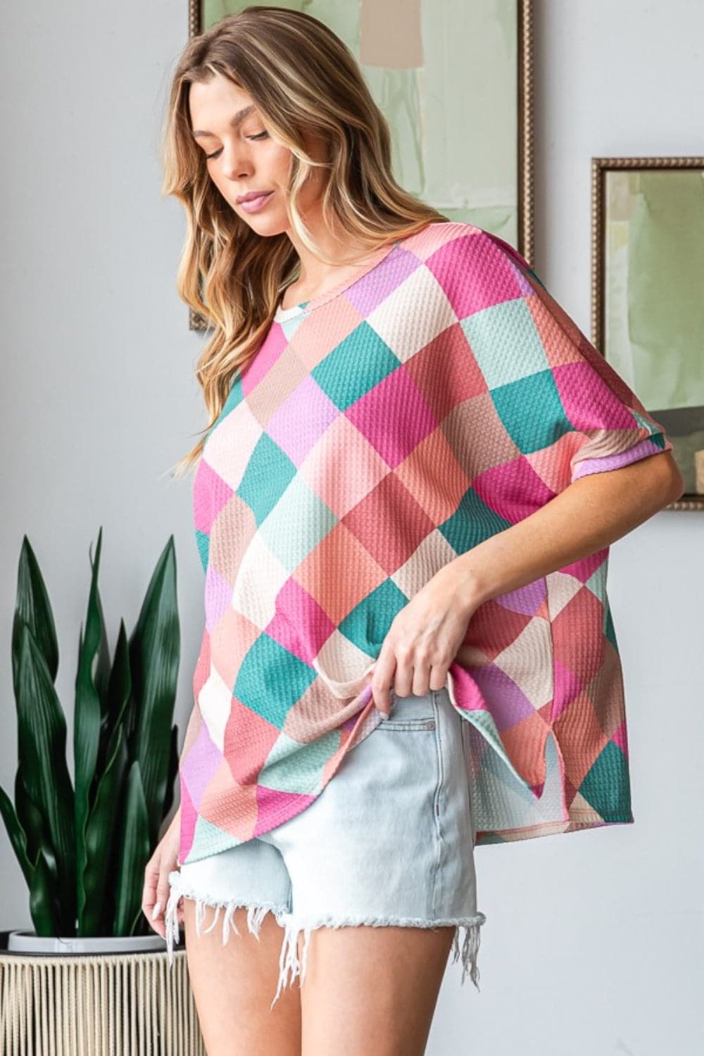 HOPELY Full Size Multi Colored Argyle Side Slit T-Shirt.