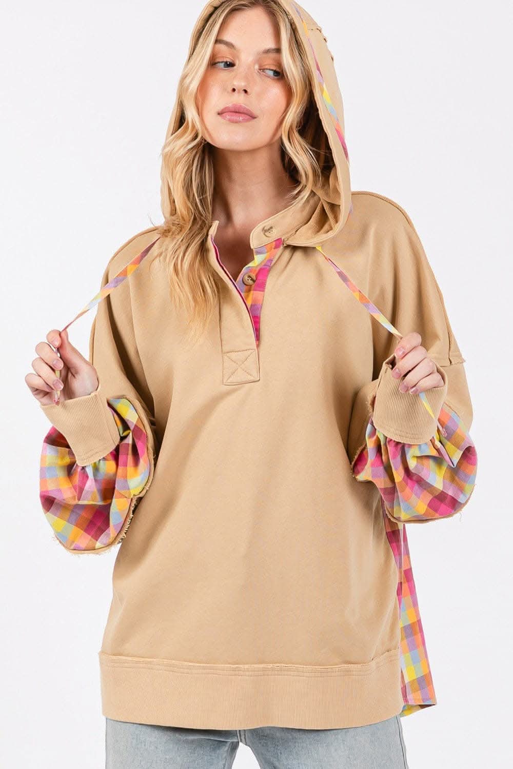 SAGE + FIG Full Size Plaid Print Washed Hoodie - Love Salve 