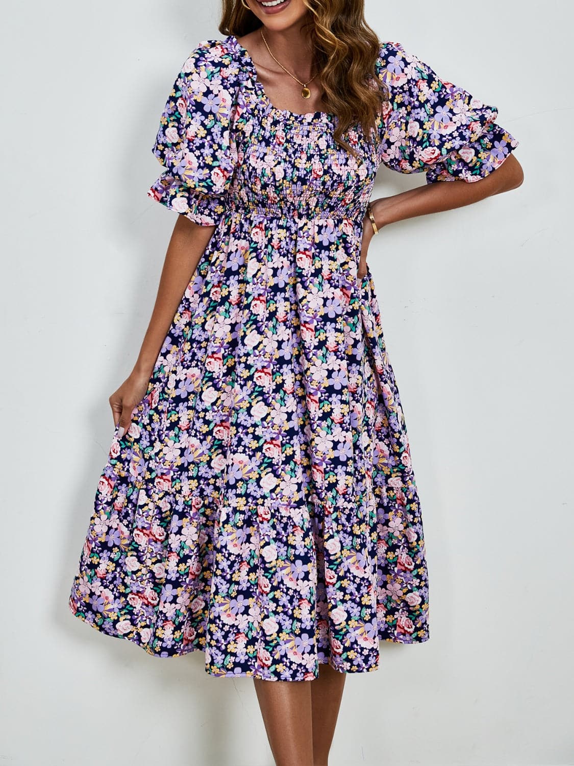 Smocked Floral Square Neck Short Sleeve Dress.