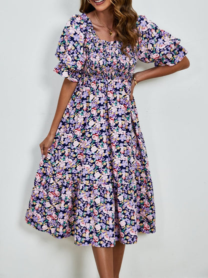 Smocked Floral Square Neck Short Sleeve Dress.