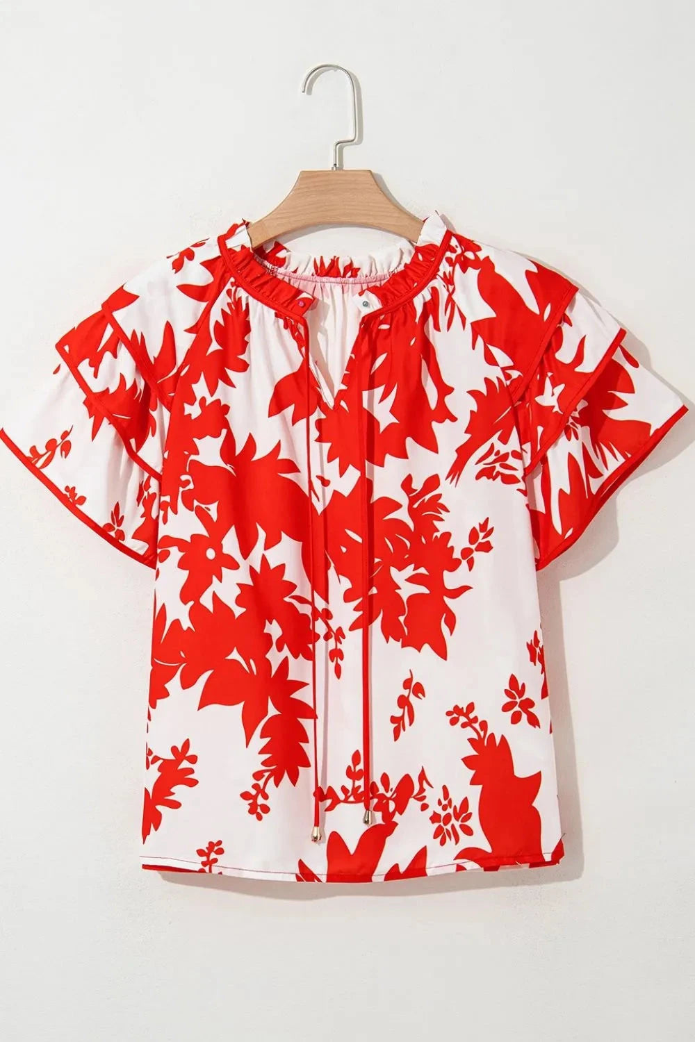 Plant Print Tiered Ruffled Sleeve Tie Neck Blouse Simply Love