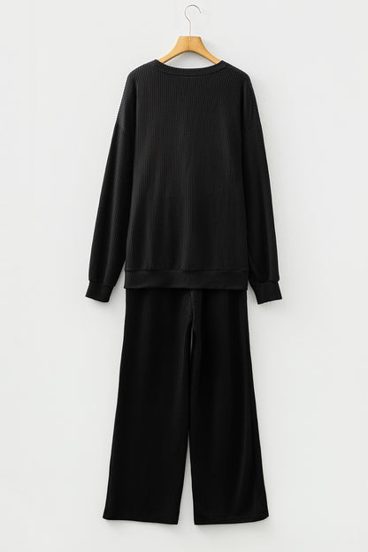 Black Jolly Corded Long Sleeve Top And Pockets Pants Set