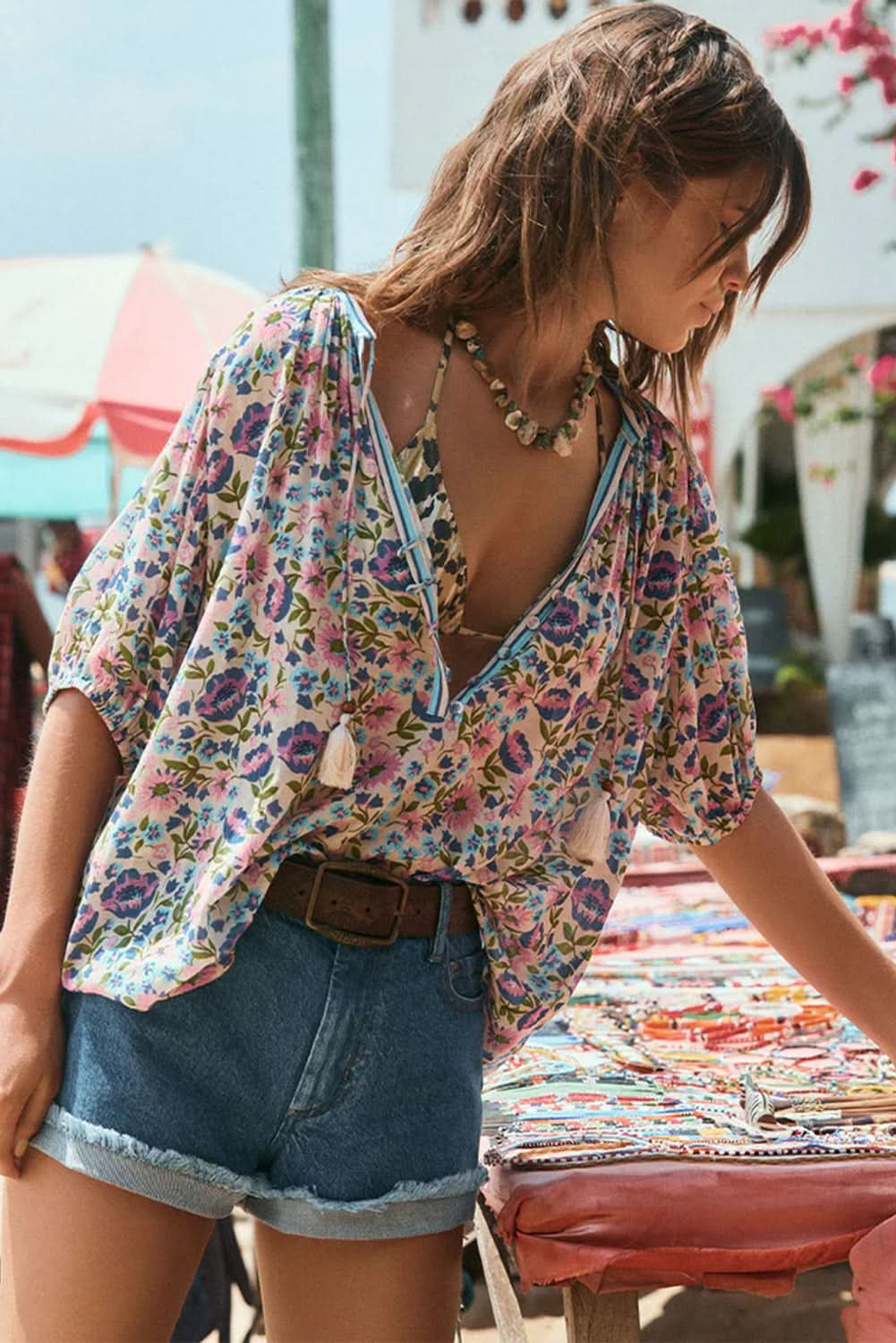 Vibrant Bohemian Floral V-Neck Half Sleeve Blouse in Multi-Color