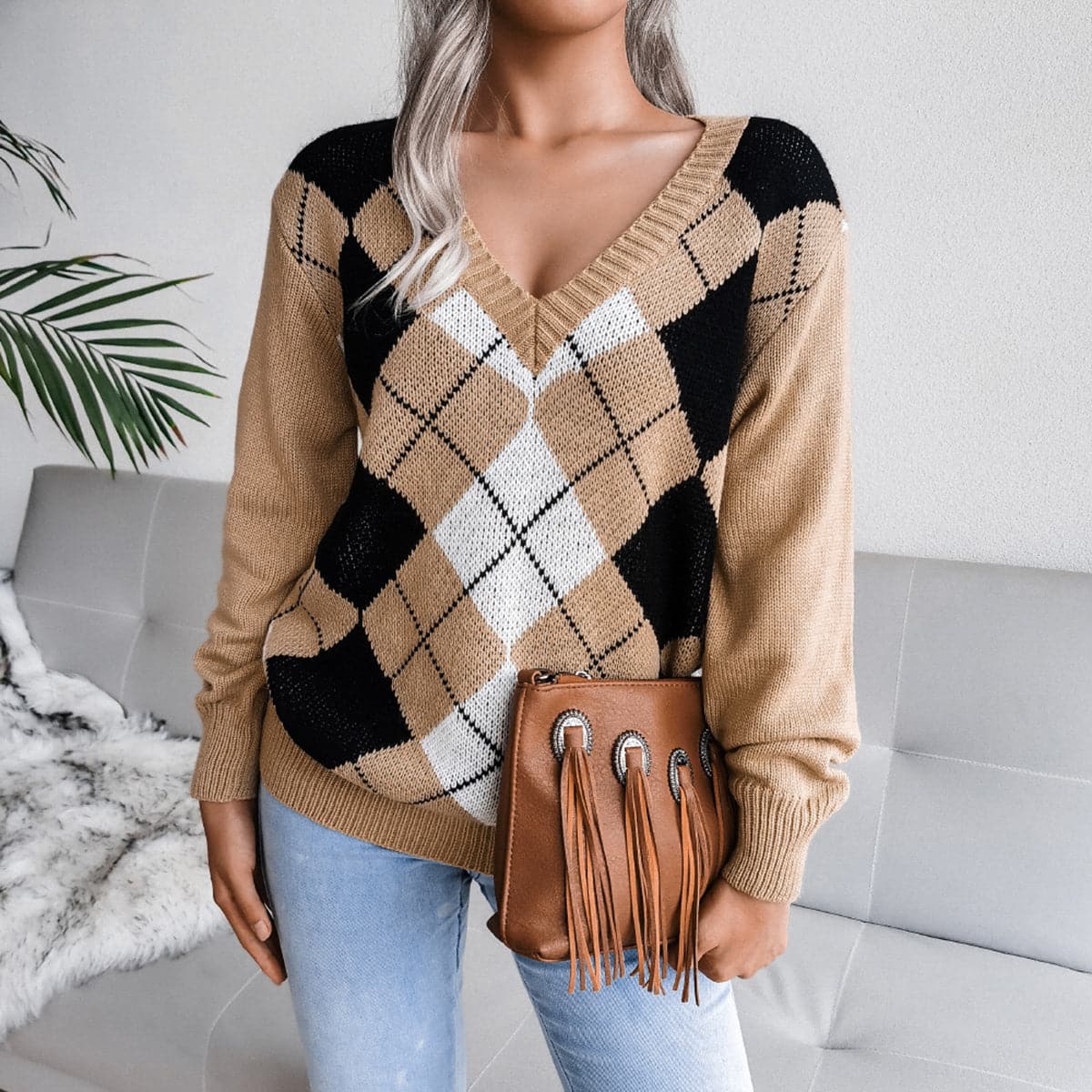 Geometric V-Neck Sweater.