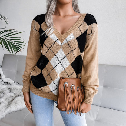 Geometric V-Neck Sweater.