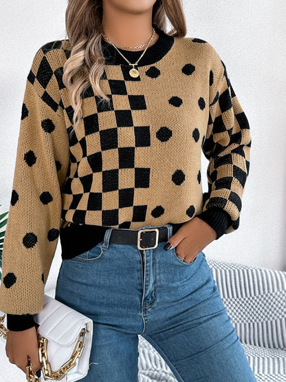 Plaid Round Neck Long Sleeve Sweater.