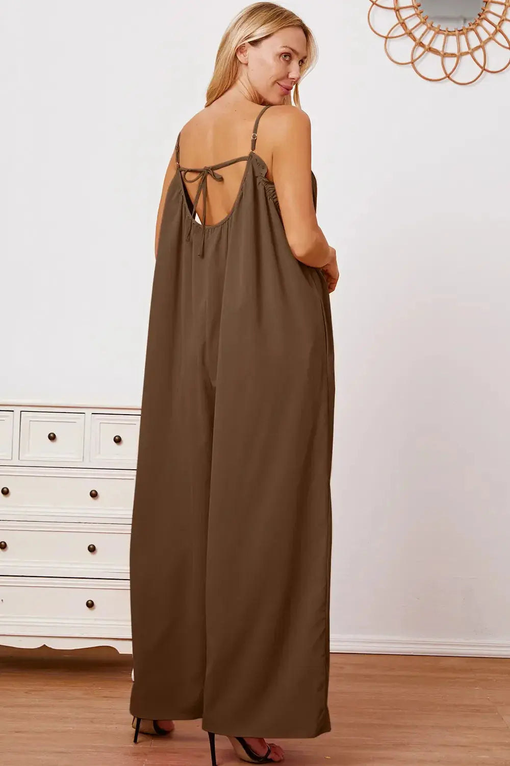Double Take Full Size Ruffle Trim Tie Back Cami Jumpsuit with Pockets - Love Salve