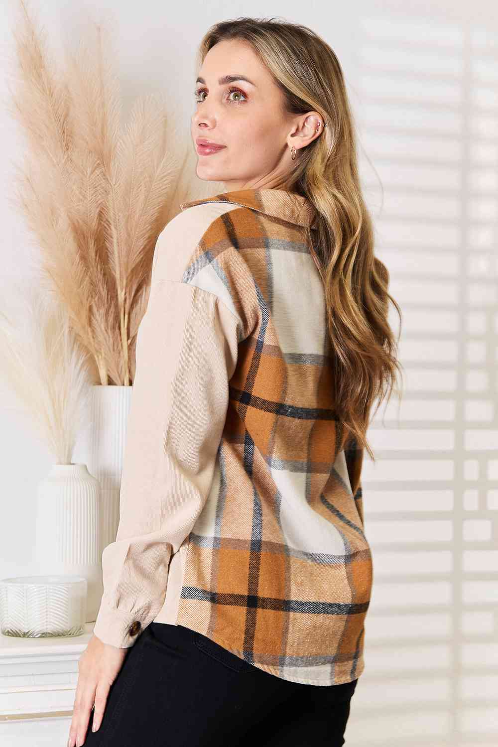 Double Take Plaid Print Dropped Shoulder Shirt - Love Salve