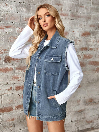 Raw Hem Sleeveless Button Up Denim Jacket.