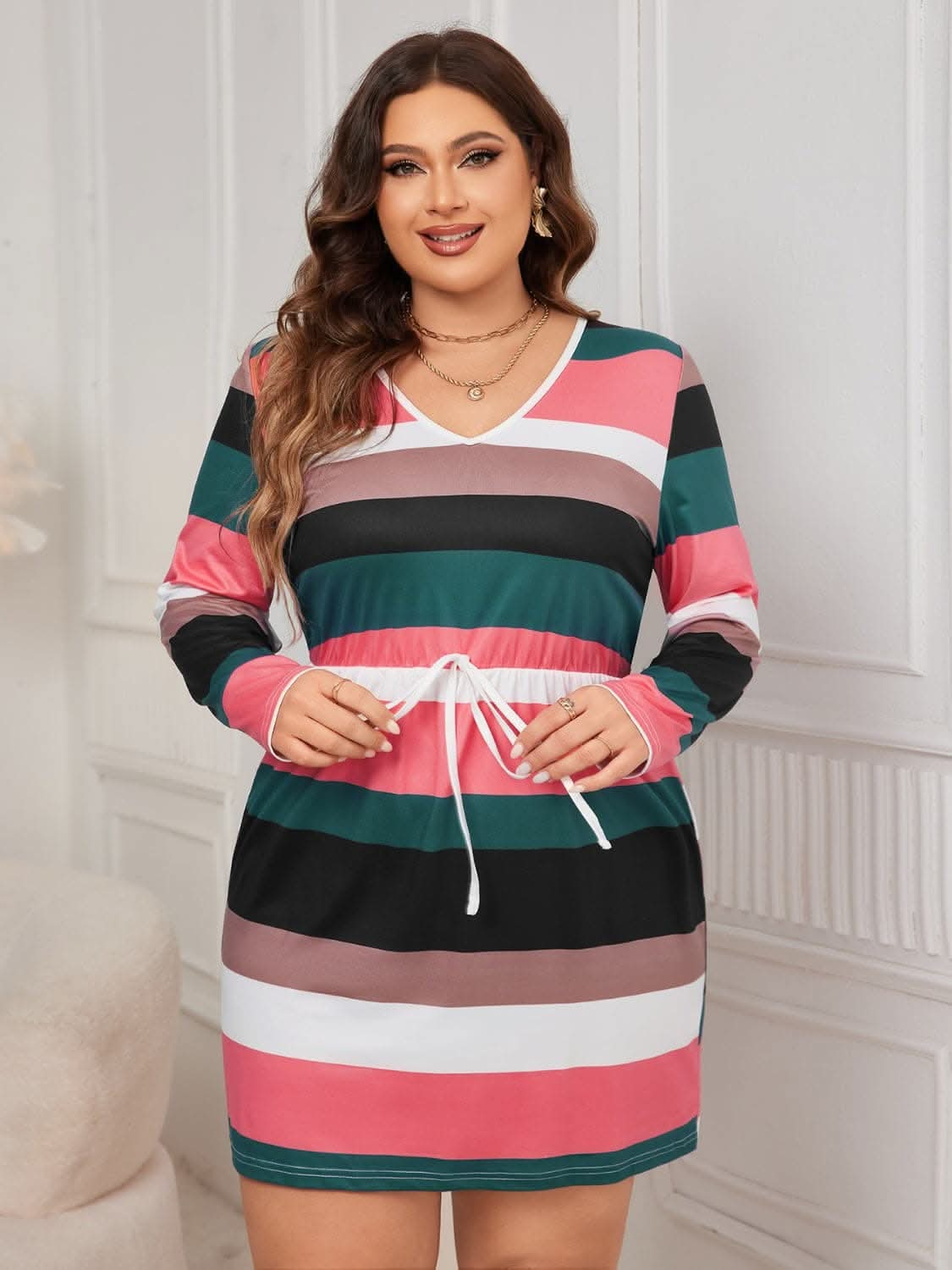 Plus Size Striped V-Neck Long Sleeve Mini Dress.