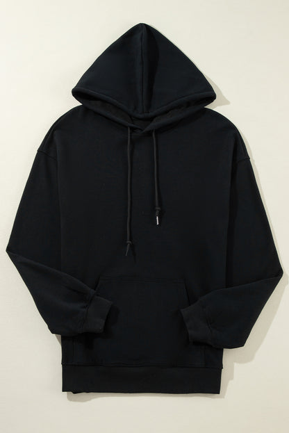 Cozy black fleece-lined hoodie with kangaroo pocket and drawstring design