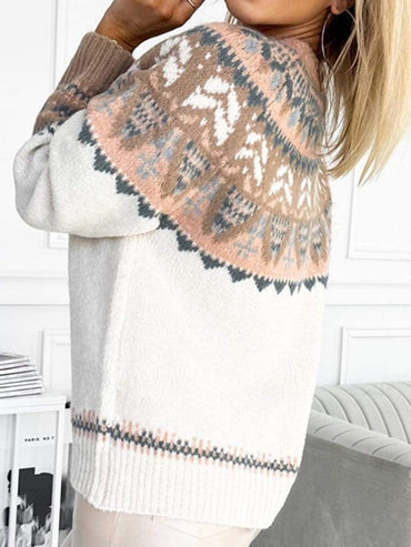 Geometric Round Neck Long Sleeve Sweater.