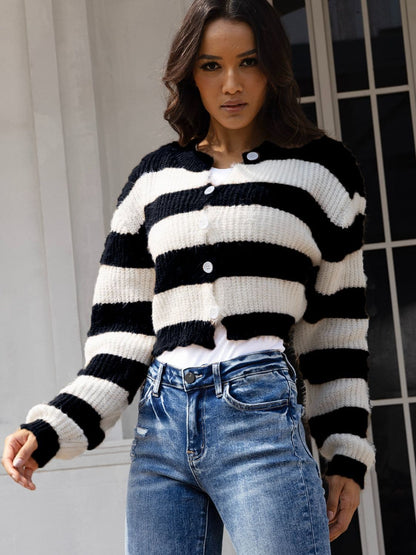 Striped Button Up Dropped Shoulder Cardigan.