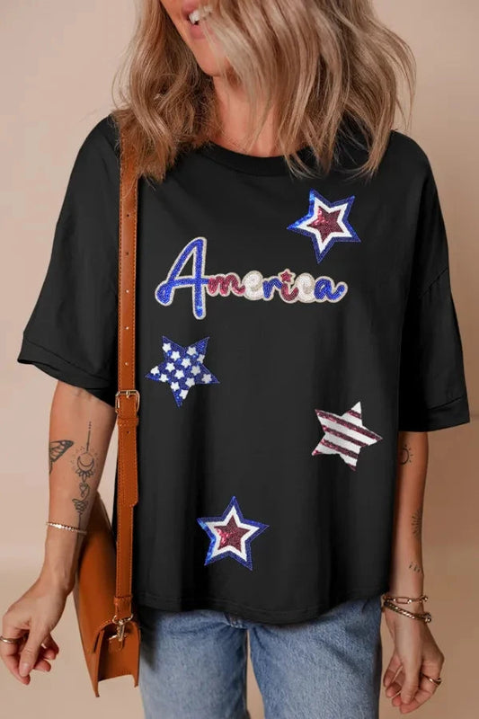Sequined America Star Round Neck T Shirt Simply Love